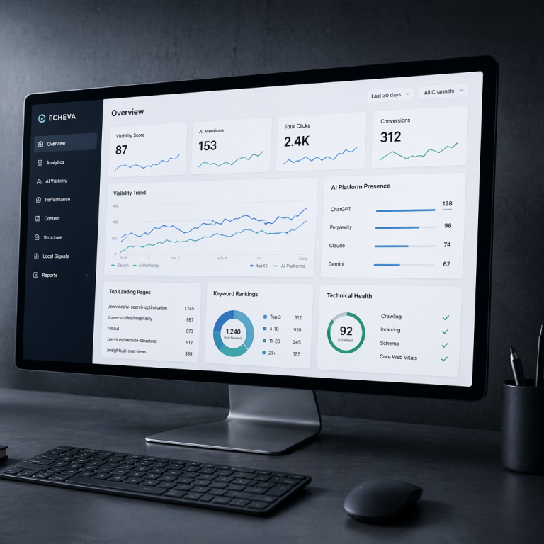 Echeva analytics dashboard showing visibility score, AI mentions, and keyword rankings